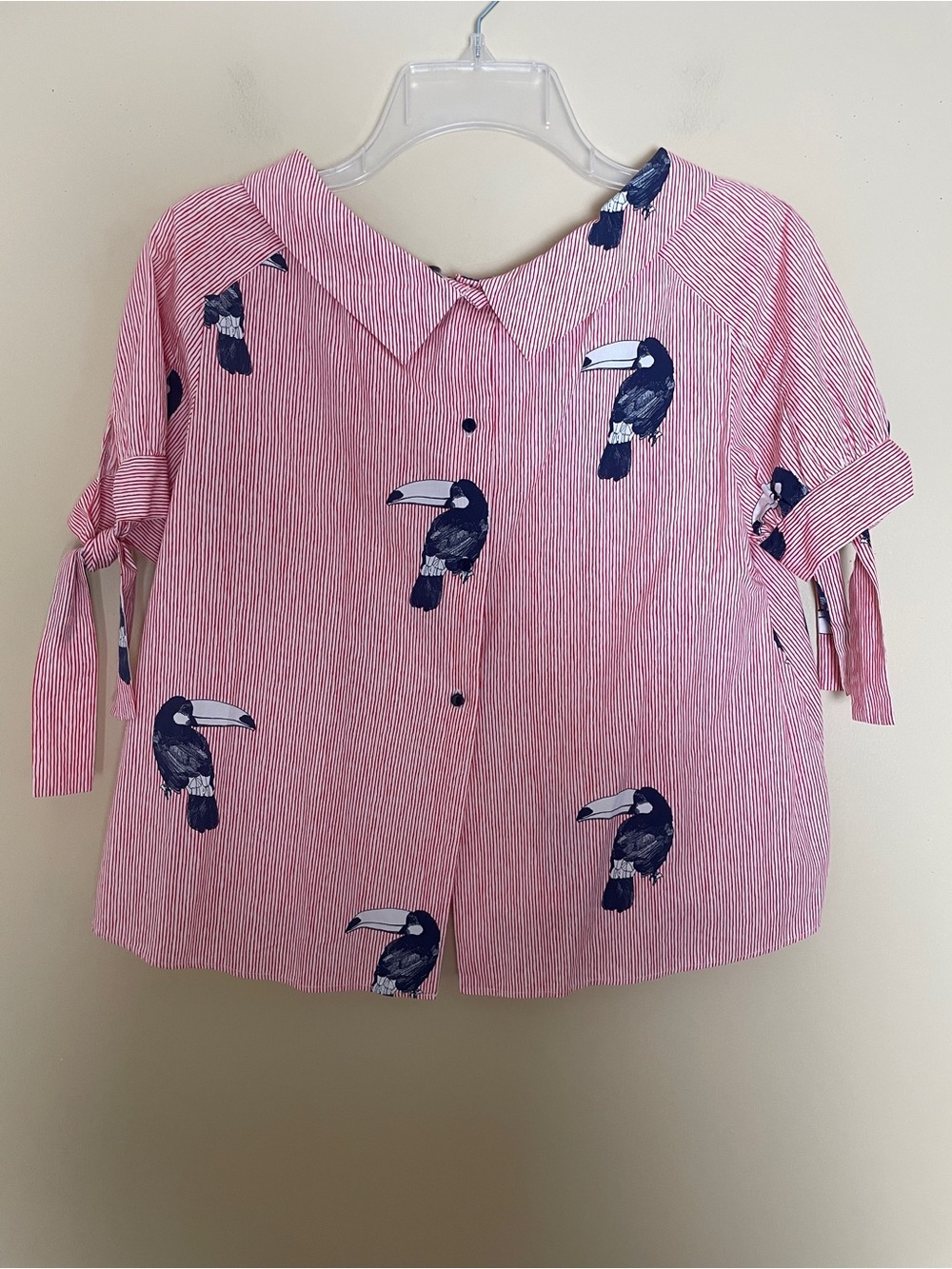 Zara Blouse Top Women's Size Medium Striped Parrot Novelty Print Retro Cropped - Picture 7 of 11
